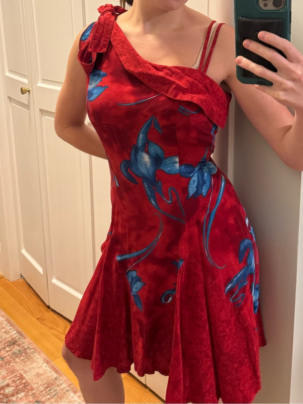 Red Floral One-Shoulder Dress with Blue Print
